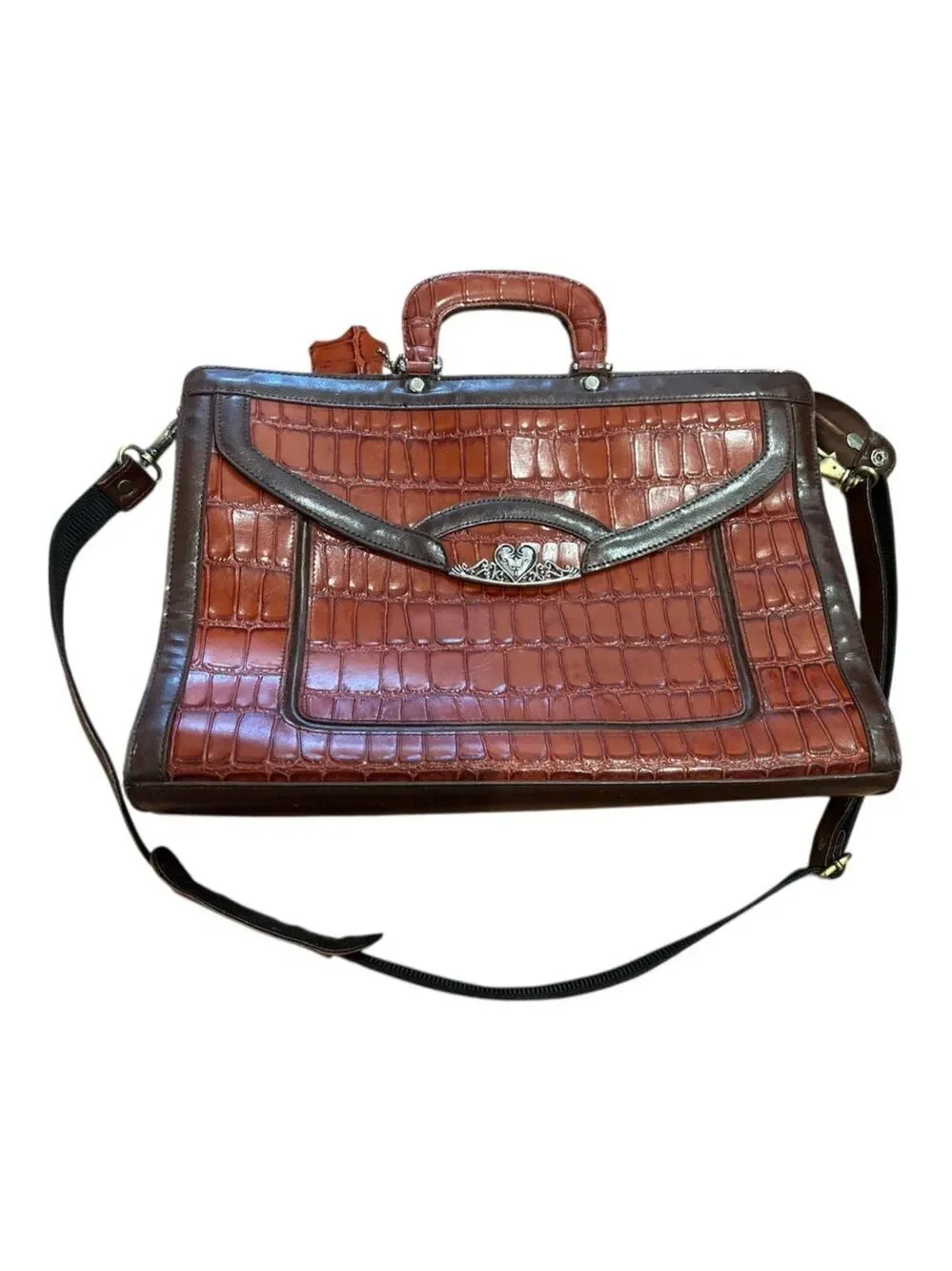 90s MARC CHANTEL BROWN CROC EMBOSSED LEATHER BRIFCASE BAG & SILVER TONE DETAILS